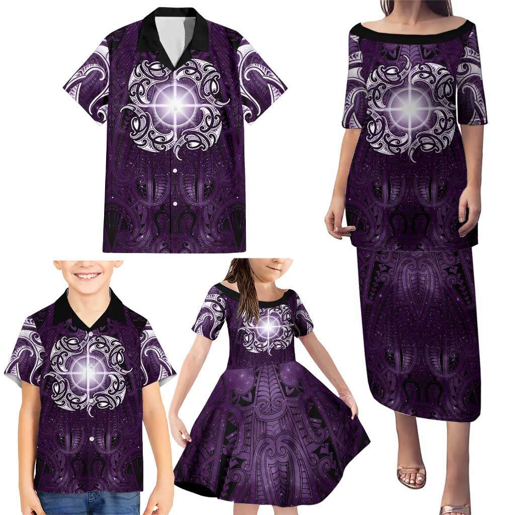 New Zealand Matariki Waipunarangi Family Matching Puletasi and Hawaiian Shirt Maori Moko Purple Galaxy