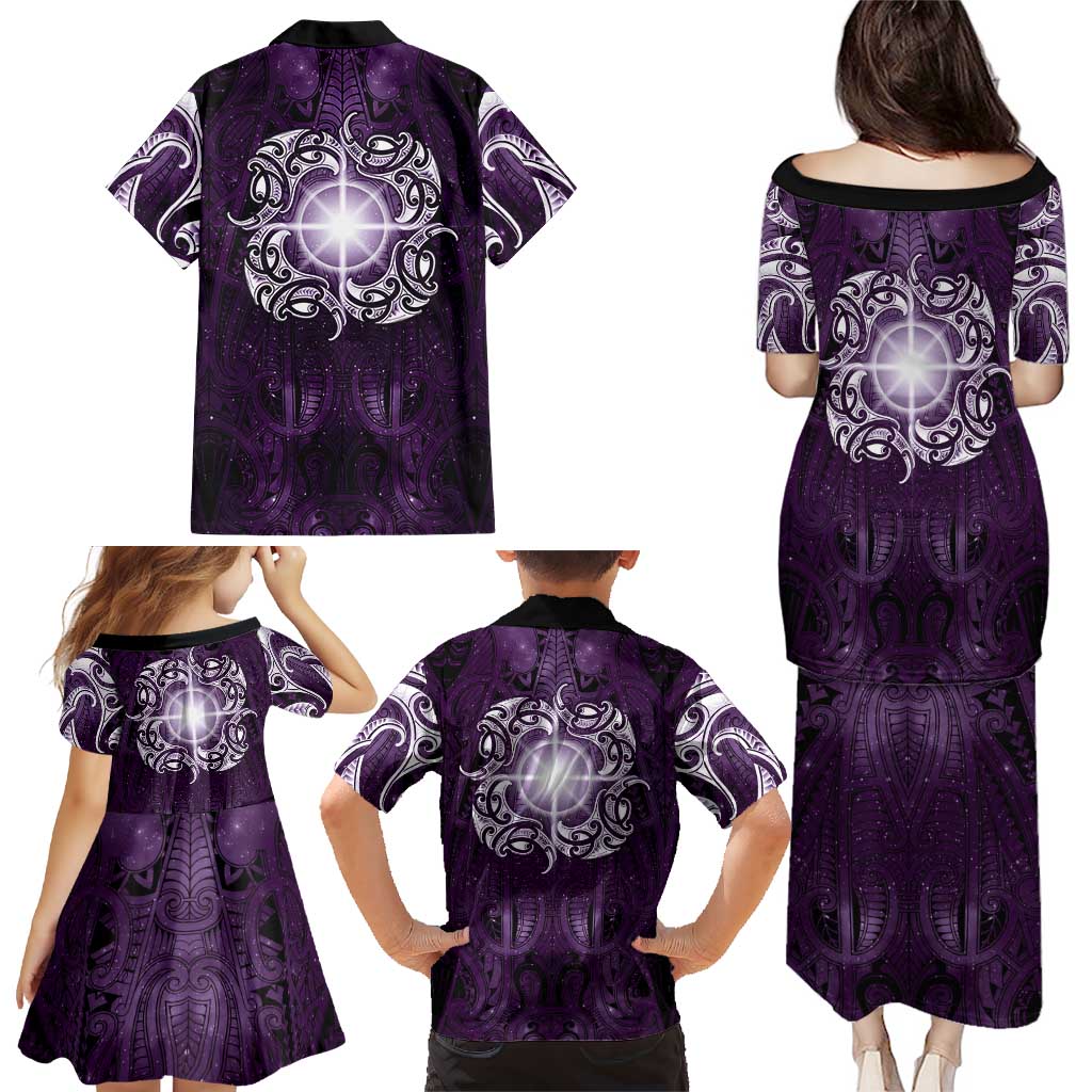 New Zealand Matariki Waipunarangi Family Matching Puletasi and Hawaiian Shirt Maori Moko Purple Galaxy
