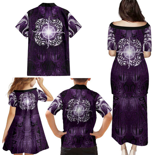 New Zealand Matariki Waipunarangi Family Matching Puletasi and Hawaiian Shirt Maori Moko Purple Galaxy
