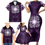 New Zealand Matariki Waipunarangi Family Matching Short Sleeve Bodycon Dress and Hawaiian Shirt Maori Moko Purple Galaxy