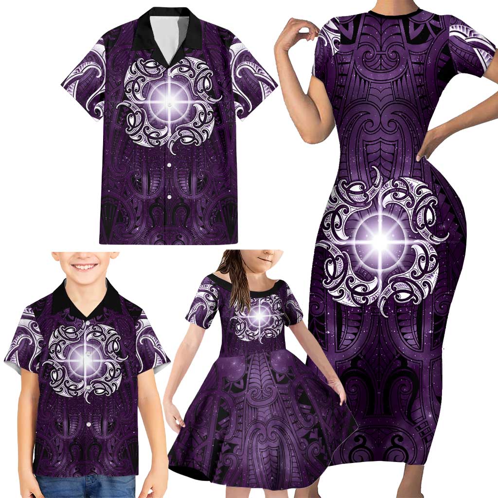 New Zealand Matariki Waipunarangi Family Matching Short Sleeve Bodycon Dress and Hawaiian Shirt Maori Moko Purple Galaxy