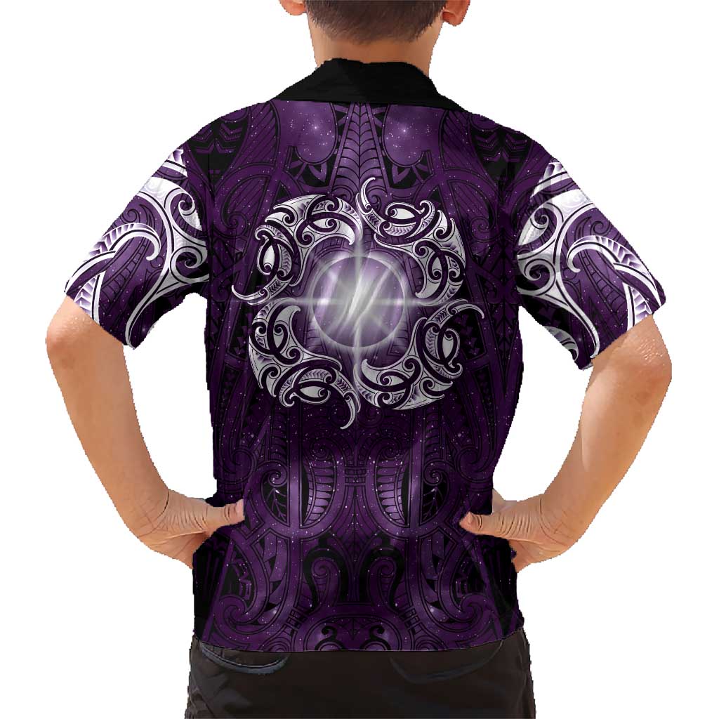 New Zealand Matariki Waipunarangi Family Matching Short Sleeve Bodycon Dress and Hawaiian Shirt Maori Moko Purple Galaxy