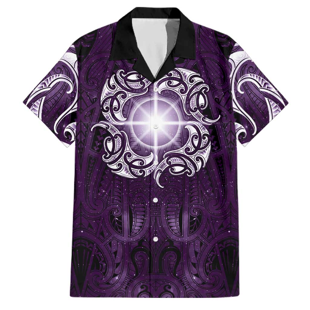 New Zealand Matariki Waipunarangi Family Matching Short Sleeve Bodycon Dress and Hawaiian Shirt Maori Moko Purple Galaxy
