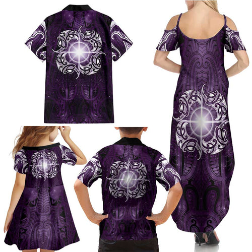 New Zealand Matariki Waipunarangi Family Matching Summer Maxi Dress and Hawaiian Shirt Maori Moko Purple Galaxy