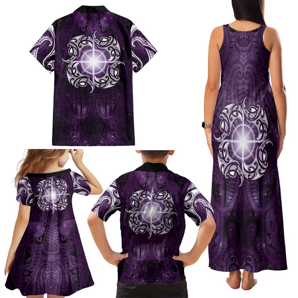 New Zealand Matariki Waipunarangi Family Matching Tank Maxi Dress and Hawaiian Shirt Maori Moko Purple Galaxy