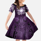 New Zealand Matariki Waipunarangi Kid Short Sleeve Dress Maori Moko Purple Galaxy