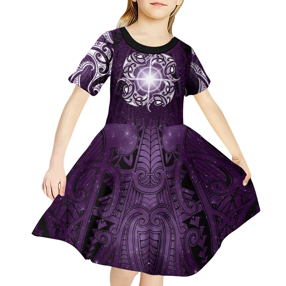 New Zealand Matariki Waipunarangi Kid Short Sleeve Dress Maori Moko Purple Galaxy