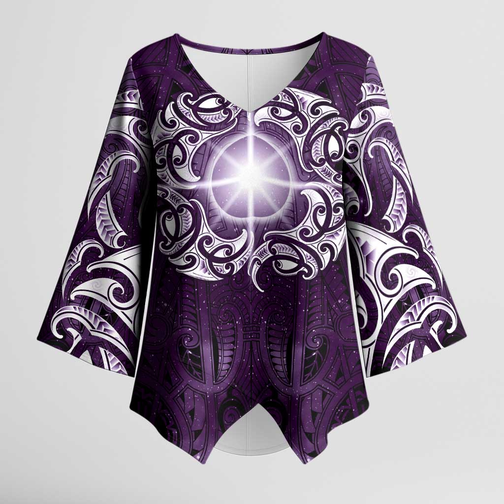 New Zealand Matariki Waipunarangi Kimono Sleeve Blouse Maori Moko Purple Galaxy