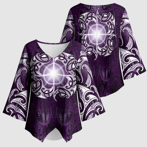 New Zealand Matariki Waipunarangi Kimono Sleeve Blouse Maori Moko Purple Galaxy