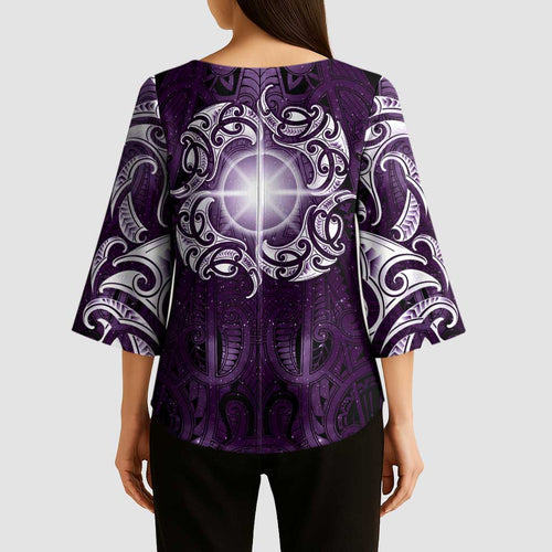 New Zealand Matariki Waipunarangi Kimono Sleeve Blouse Maori Moko Purple Galaxy