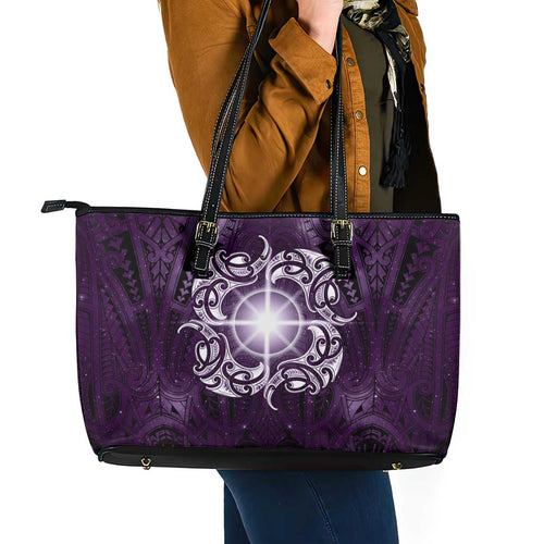 New Zealand Matariki Waipunarangi Leather Tote Bag Maori Moko Purple Galaxy