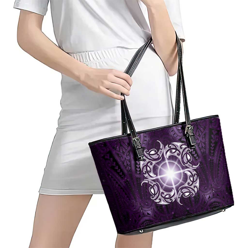 New Zealand Matariki Waipunarangi Leather Tote Bag Maori Moko Purple Galaxy