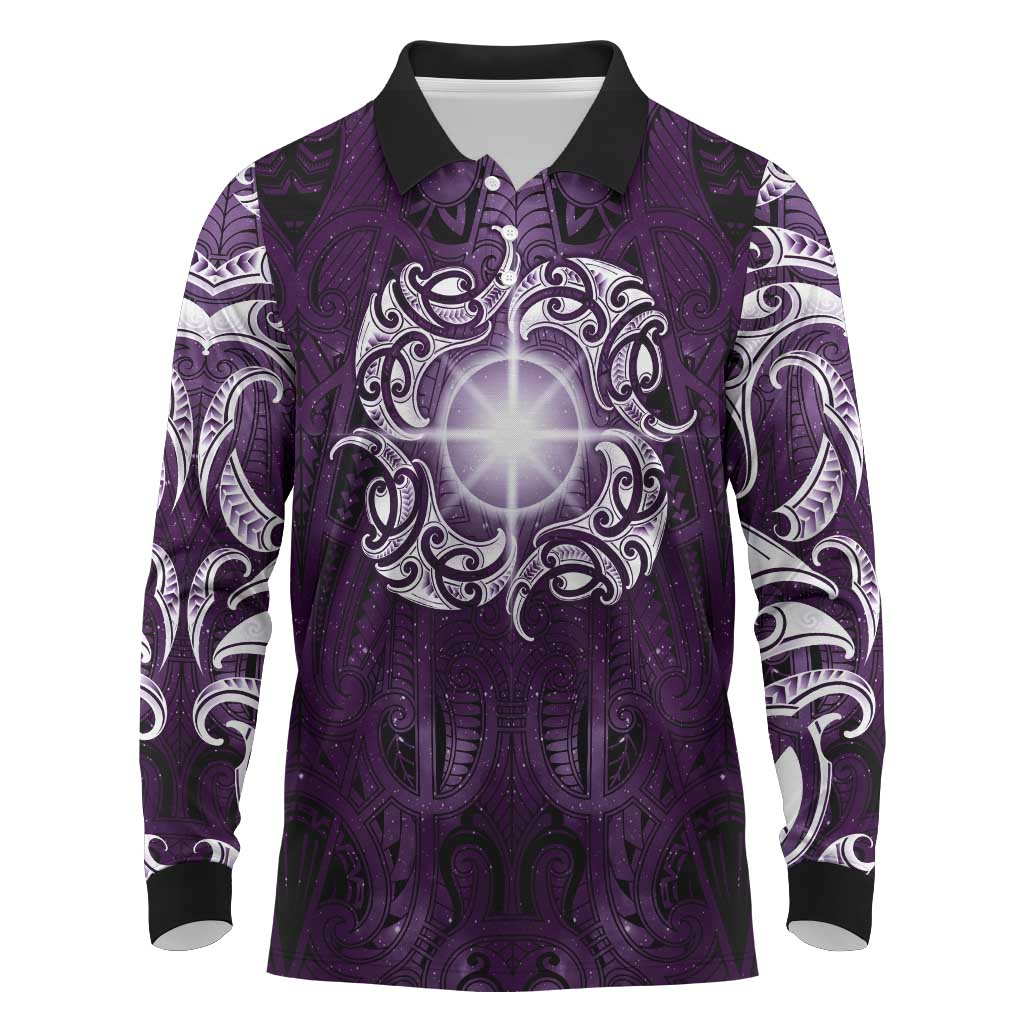 New Zealand Matariki Waipunarangi Long Sleeve Polo Shirt Maori Moko Purple Galaxy