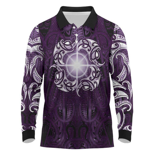 New Zealand Matariki Waipunarangi Long Sleeve Polo Shirt Maori Moko Purple Galaxy