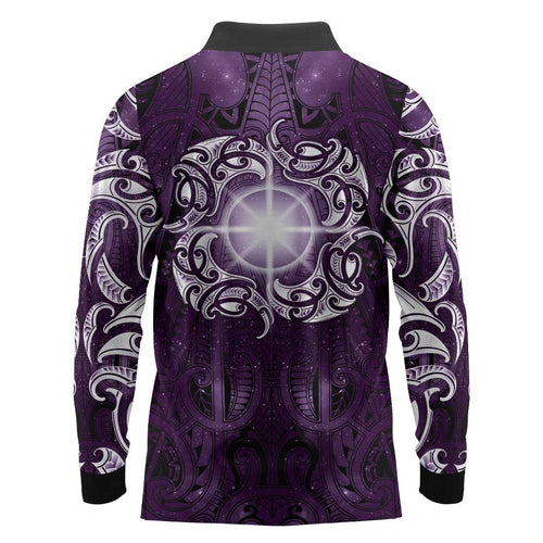 New Zealand Matariki Waipunarangi Long Sleeve Polo Shirt Maori Moko Purple Galaxy