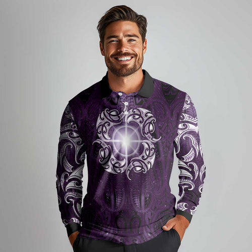 New Zealand Matariki Waipunarangi Long Sleeve Polo Shirt Maori Moko Purple Galaxy