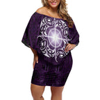New Zealand Matariki Waipunarangi Off Shoulder Short Dress Maori Moko Purple Galaxy
