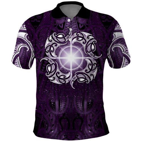 New Zealand Matariki Waipunarangi Polo Shirt Maori Moko Purple Galaxy