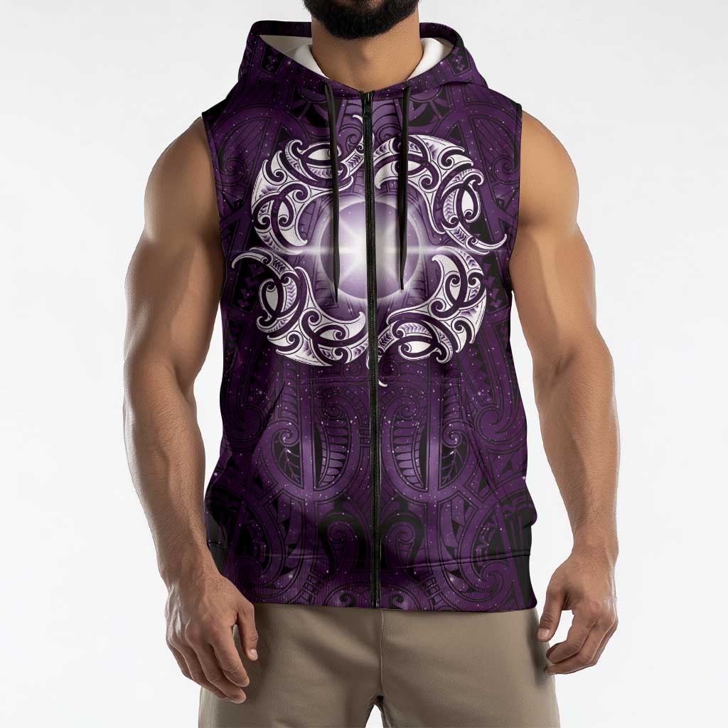 New Zealand Matariki Waipunarangi Sleeveless Zip Hoodie Maori Moko Purple Galaxy