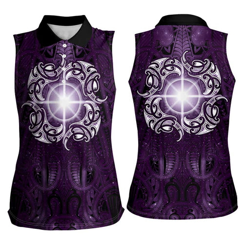 New Zealand Matariki Waipunarangi Women Sleeveless Polo Shirt Maori Moko Purple Galaxy