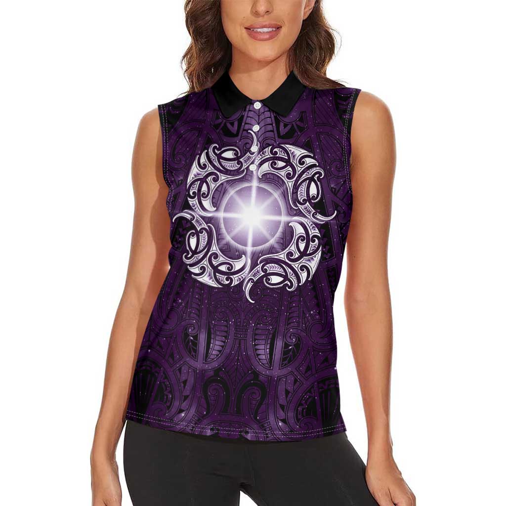 New Zealand Matariki Waipunarangi Women Sleeveless Polo Shirt Maori Moko Purple Galaxy