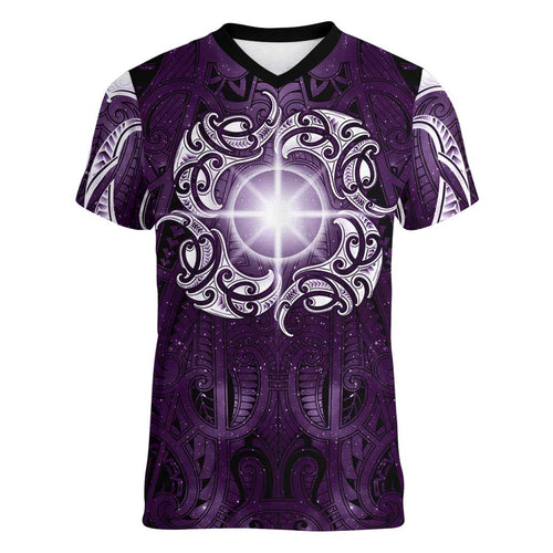 New Zealand Matariki Waipunarangi Women V-Neck T-Shirt Maori Moko Purple Galaxy
