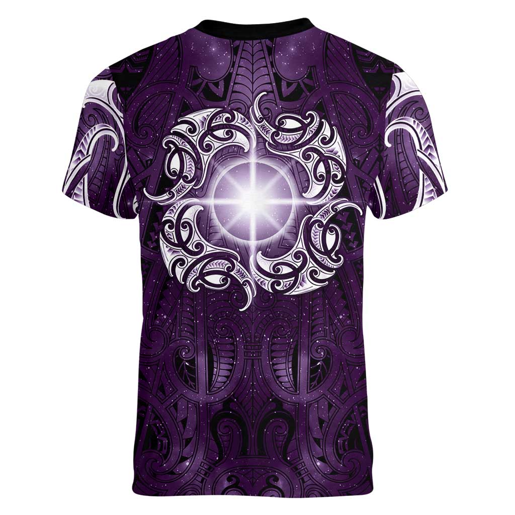 New Zealand Matariki Waipunarangi Women V-Neck T-Shirt Maori Moko Purple Galaxy