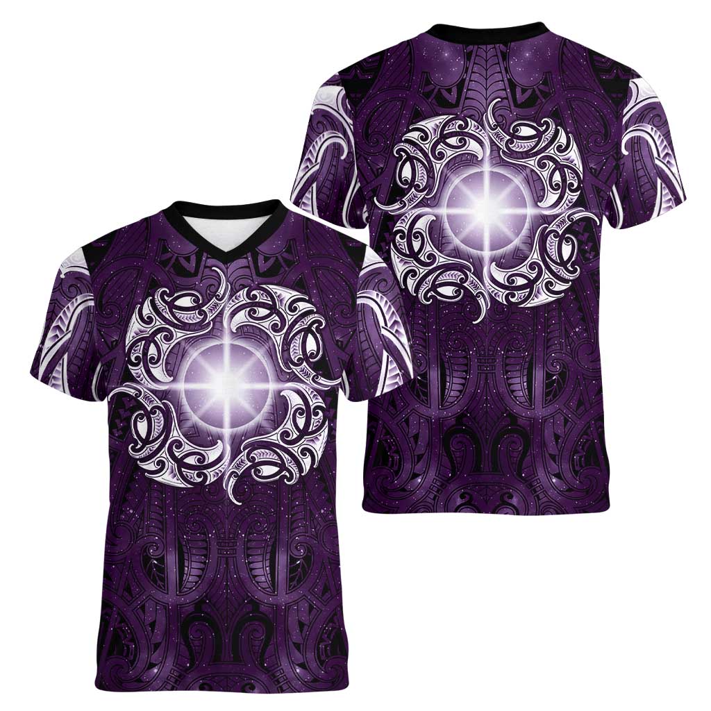 New Zealand Matariki Waipunarangi Women V-Neck T-Shirt Maori Moko Purple Galaxy