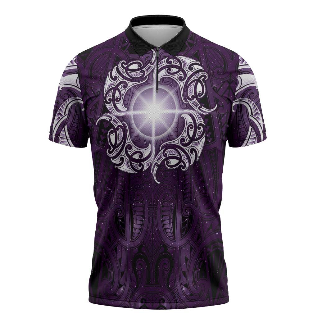 New Zealand Matariki Waipunarangi Zipper Polo Shirt Maori Moko Purple Galaxy