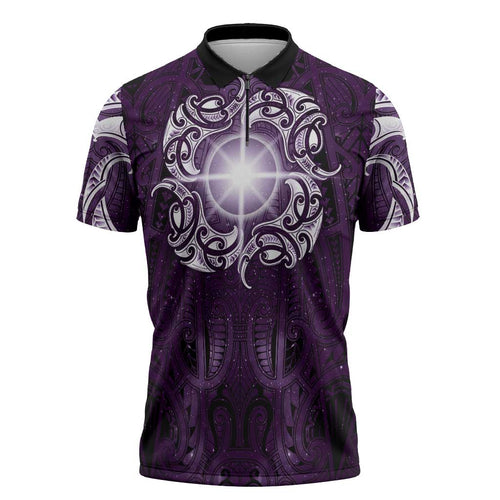 New Zealand Matariki Waipunarangi Zipper Polo Shirt Maori Moko Purple Galaxy