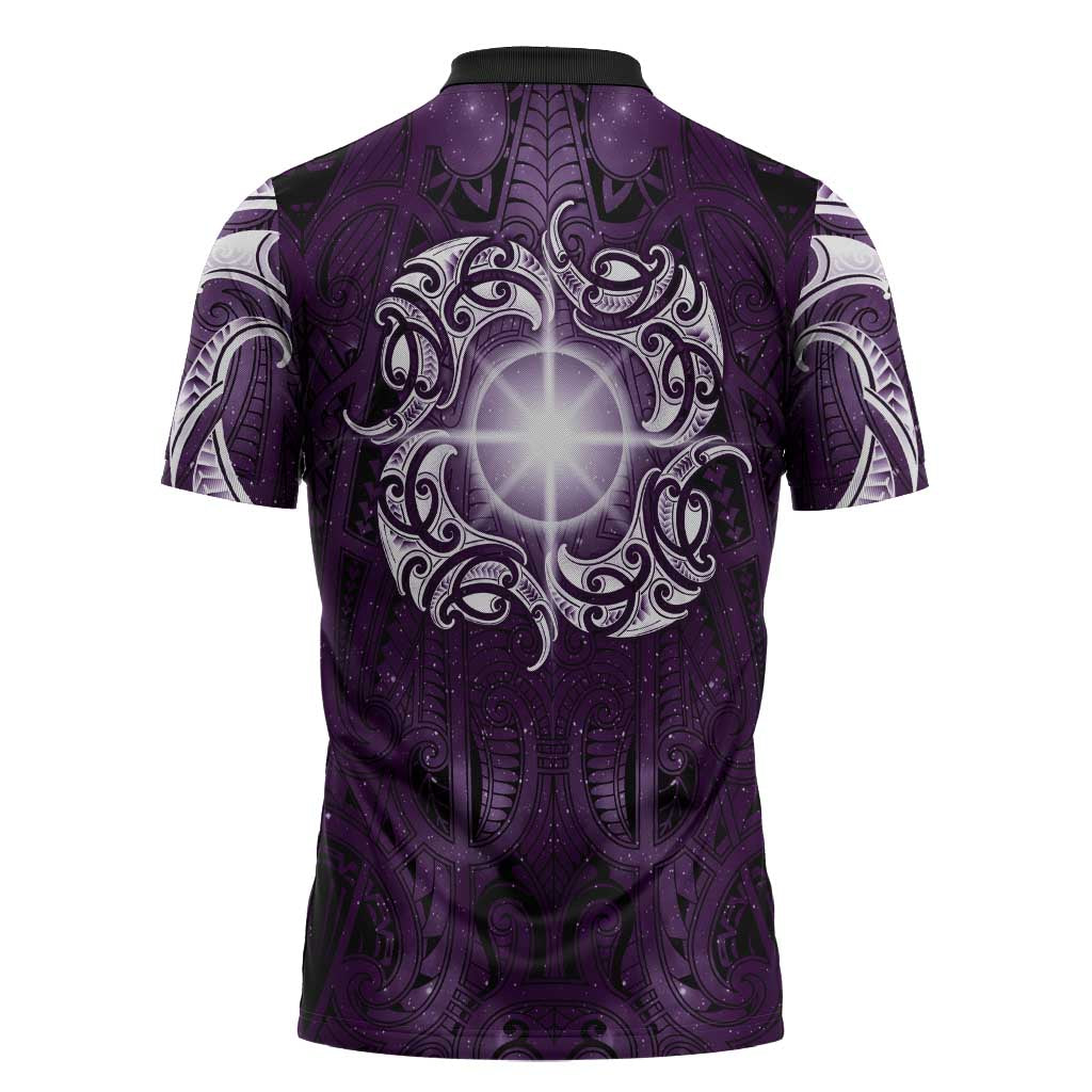 New Zealand Matariki Waipunarangi Zipper Polo Shirt Maori Moko Purple Galaxy