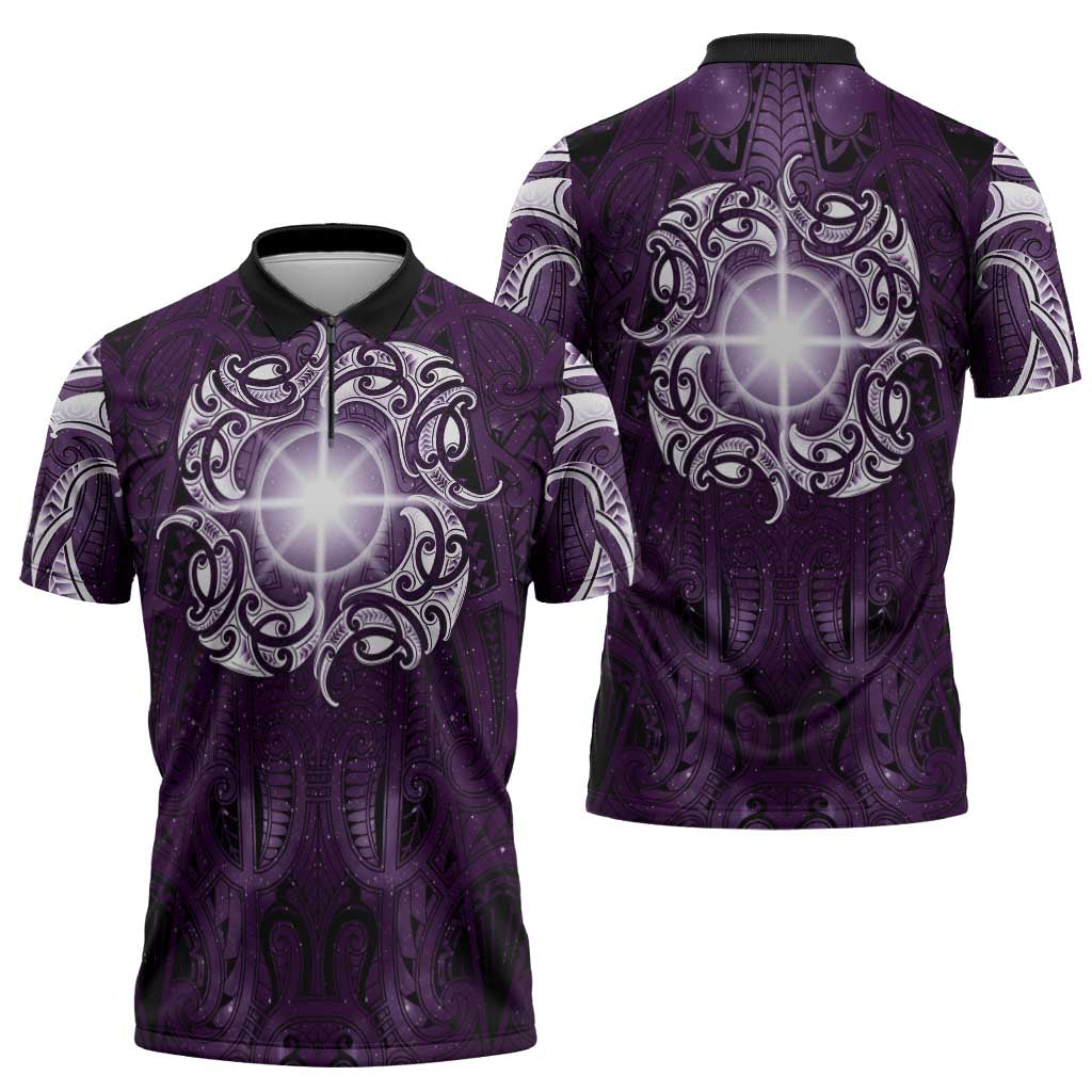 New Zealand Matariki Waipunarangi Zipper Polo Shirt Maori Moko Purple Galaxy