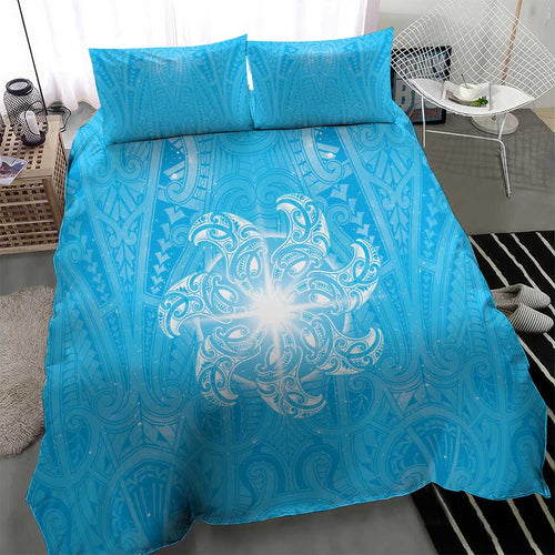 New Zealand Matariki Waiti Bedding Set Maori Moko Cyan Galaxy
