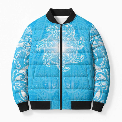 New Zealand Matariki Waiti Bomber Puffer Jacket Maori Moko Cyan Galaxy