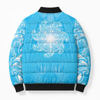 New Zealand Matariki Waiti Bomber Puffer Jacket Maori Moko Cyan Galaxy