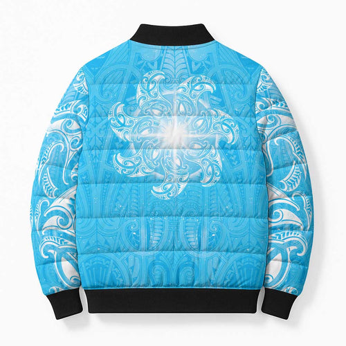 New Zealand Matariki Waiti Bomber Puffer Jacket Maori Moko Cyan Galaxy