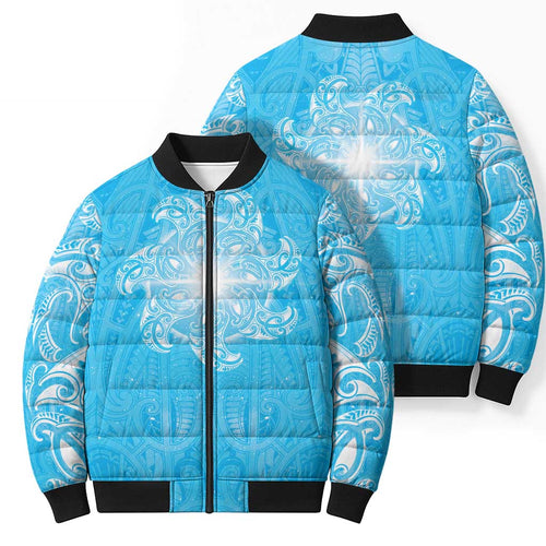 New Zealand Matariki Waiti Bomber Puffer Jacket Maori Moko Cyan Galaxy