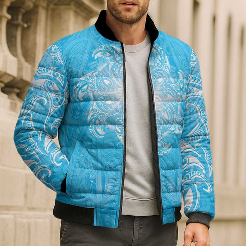 New Zealand Matariki Waiti Bomber Puffer Jacket Maori Moko Cyan Galaxy