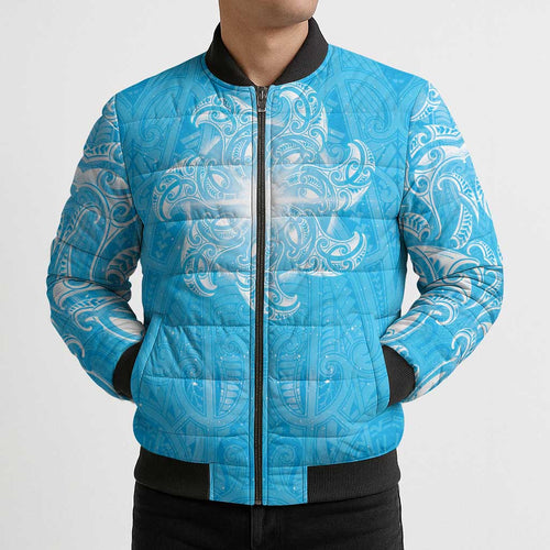 New Zealand Matariki Waiti Bomber Puffer Jacket Maori Moko Cyan Galaxy