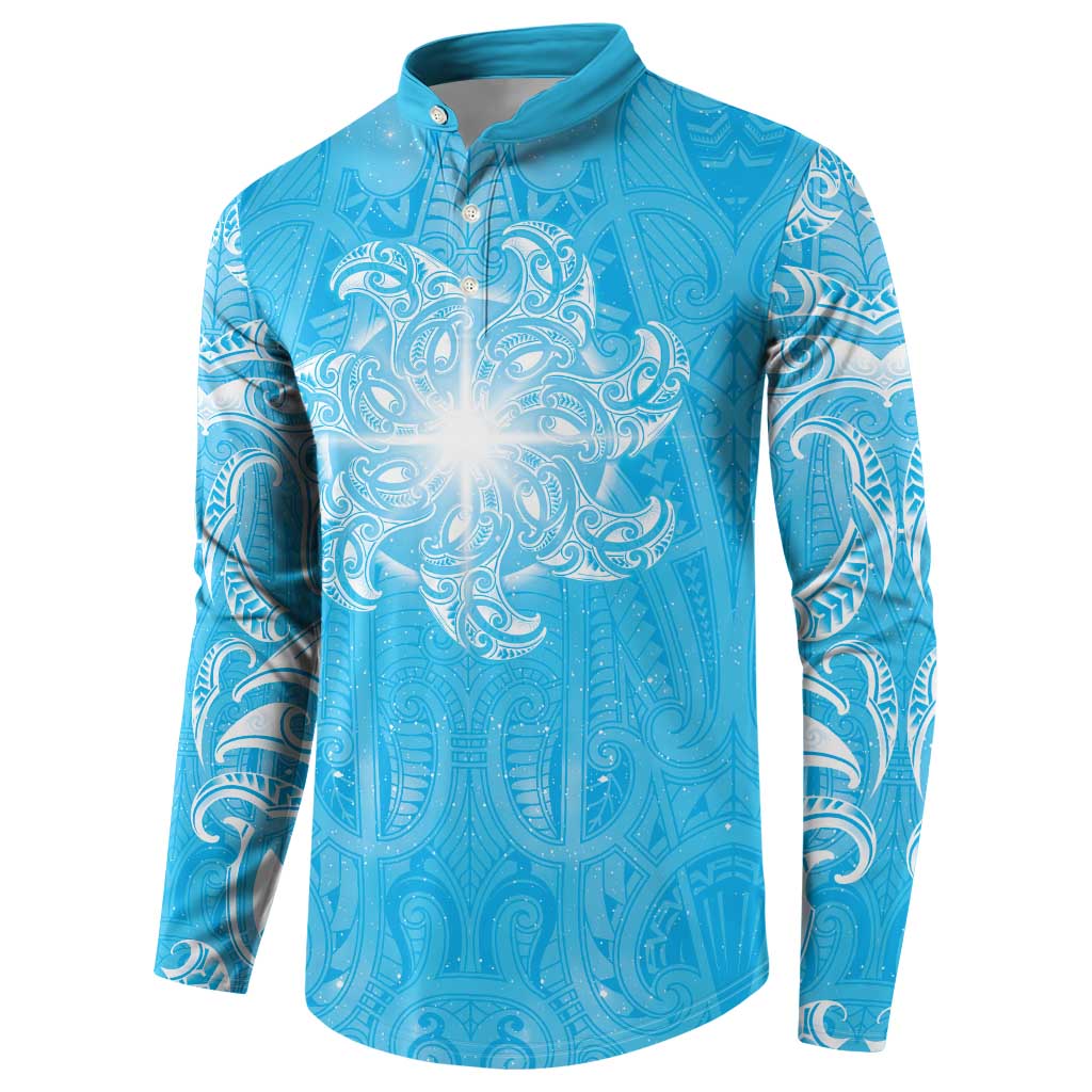 New Zealand Matariki Waiti Button Sweatshirt Maori Moko Cyan Galaxy