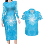 New Zealand Matariki Waiti Couples Matching Long Sleeve Bodycon Dress and Hawaiian Shirt Maori Moko Cyan Galaxy