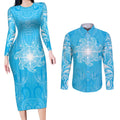 New Zealand Matariki Waiti Couples Matching Long Sleeve Bodycon Dress and Long Sleeve Button Shirt Maori Moko Cyan Galaxy