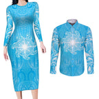 New Zealand Matariki Waiti Couples Matching Long Sleeve Bodycon Dress and Long Sleeve Button Shirt Maori Moko Cyan Galaxy