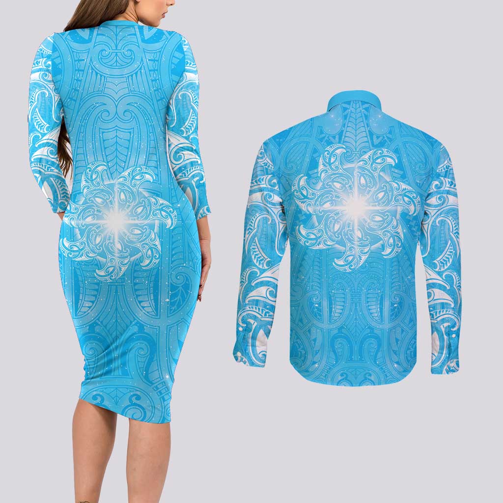 New Zealand Matariki Waiti Couples Matching Long Sleeve Bodycon Dress and Long Sleeve Button Shirt Maori Moko Cyan Galaxy