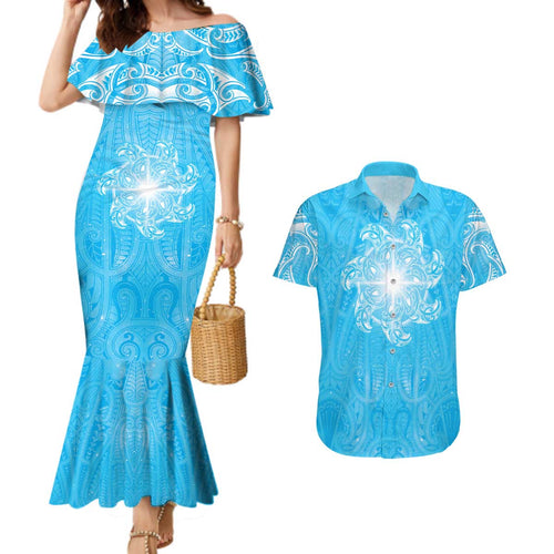 New Zealand Matariki Waiti Couples Matching Mermaid Dress and Hawaiian Shirt Maori Moko Cyan Galaxy