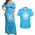 New Zealand Matariki Waiti Couples Matching Off Shoulder Maxi Dress and Hawaiian Shirt Maori Moko Cyan Galaxy