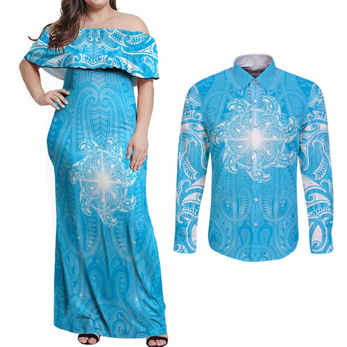 New Zealand Matariki Waiti Couples Matching Off Shoulder Maxi Dress and Long Sleeve Button Shirt Maori Moko Cyan Galaxy