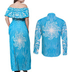 New Zealand Matariki Waiti Couples Matching Off Shoulder Maxi Dress and Long Sleeve Button Shirt Maori Moko Cyan Galaxy