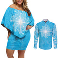New Zealand Matariki Waiti Couples Matching Off Shoulder Short Dress and Long Sleeve Button Shirt Maori Moko Cyan Galaxy