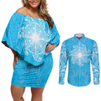 New Zealand Matariki Waiti Couples Matching Off Shoulder Short Dress and Long Sleeve Button Shirt Maori Moko Cyan Galaxy